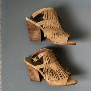 Very Volatile tan suede fringe stack heel sandal